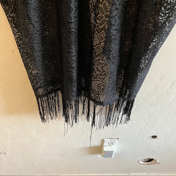 Black Lace Sheer Lace Fringe Trim Open Front Kimono Small - Picture 6 of 7